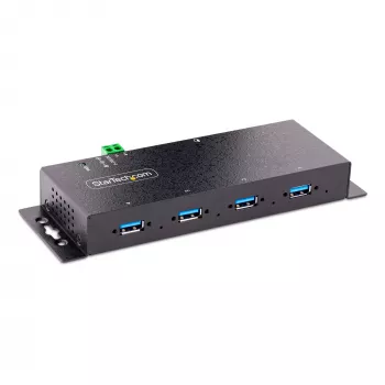 StarTech.com 4 portu industriālais USB 3.0 5 Gbps centrmezgls, izturīgs USB centrmezgls ar ESD aizsardzību, DIN/sienas/galda stiprināms USB-A centrmezgls, USB paplašinātājs ar bloķējamiem portiem, lieljaudas – TAA