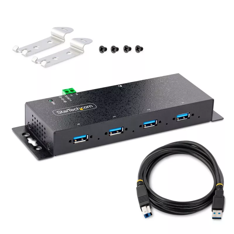 StarTech.com 4 portu industriālais USB 3.0 5 Gbps centrmezgls, izturīgs USB centrmezgls ar ESD aizsardzību, DIN/sienas/galda stiprināms USB-A centrmezgls, USB paplašinātājs ar bloķējamiem portiem, lieljaudas – TAA