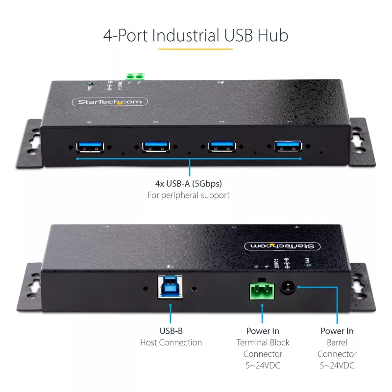 StarTech.com 4 portu industriālais USB 3.0 5 Gbps centrmezgls, izturīgs USB centrmezgls ar ESD aizsardzību, DIN/sienas/galda stiprināms USB-A centrmezgls, USB paplašinātājs ar bloķējamiem portiem, lieljaudas – TAA