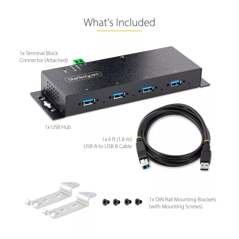 StarTech.com 4 portu industriālais USB 3.0 5 Gbps centrmezgls, izturīgs USB centrmezgls ar ESD aizsardzību, DIN/sienas/galda stiprināms USB-A centrmezgls, USB paplašinātājs ar bloķējamiem portiem, lieljaudas – TAA