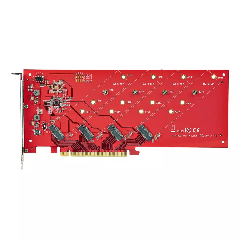 StarTech.com Četrvietīgs M.2 PCIe adaptera karte, PCIe x16 uz četriem NVMe vai AHCI M.2 SSD, PCI Express 4.0, 7,8 GBps/disks, nepieciešama bifurkācija, saderīga ar Windows/Linux