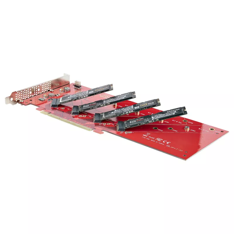 StarTech.com Četrvietīgs M.2 PCIe adaptera karte, PCIe x16 uz četriem NVMe vai AHCI M.2 SSD, PCI Express 4.0, 7,8 GBps/disks, nepieciešama bifurkācija, saderīga ar Windows/Linux