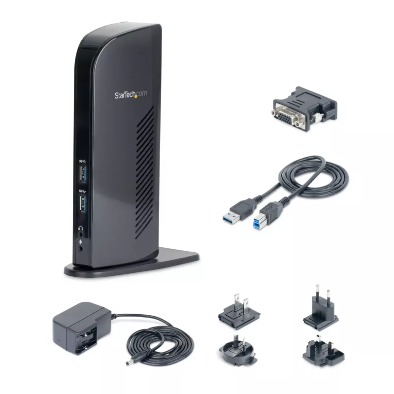 StarTech.com Dual Monitor USB 3.0 Docking Station ar HDMI - DVI - 6 x USB pieslēgvietas~Dual Monitor USB 3.0 klēpjdatoru dokstacija ar HDMI un DVI/VGA, 6x USB-A centrmezgls, GbE, audio, universāla Type-A dokstacija - Windows/macOS/ChromeOS