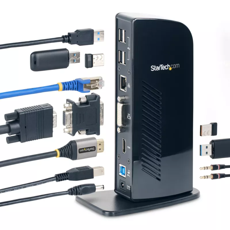 StarTech.com Dual Monitor USB 3.0 Docking Station ar HDMI - DVI - 6 x USB pieslēgvietas~Dual Monitor USB 3.0 klēpjdatoru dokstacija ar HDMI un DVI/VGA, 6x USB-A centrmezgls, GbE, audio, universāla Type-A dokstacija - Windows/macOS/ChromeOS