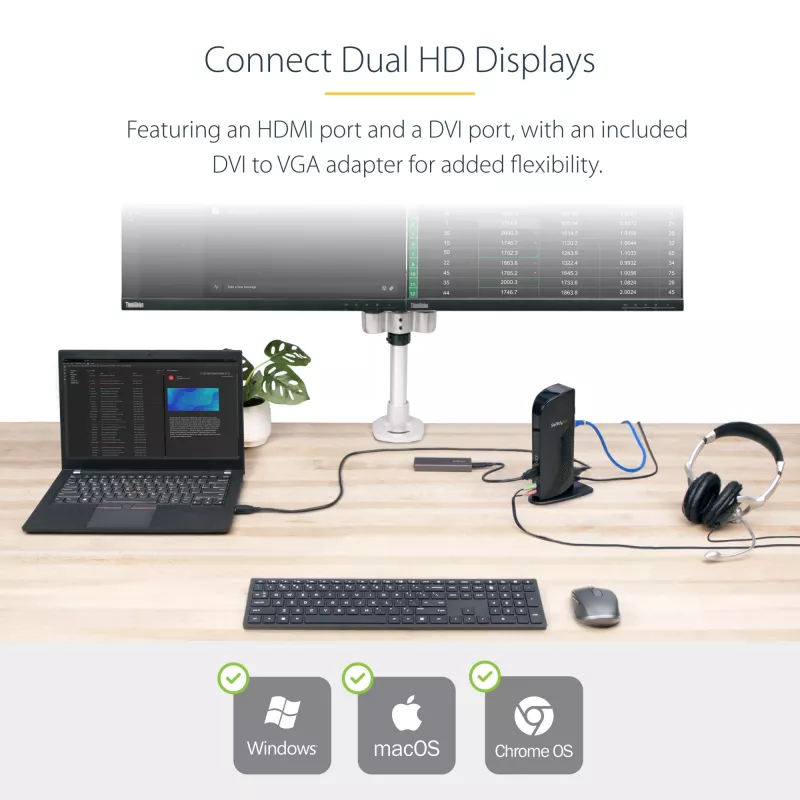 StarTech.com Dual Monitor USB 3.0 Docking Station ar HDMI - DVI - 6 x USB pieslēgvietas~Dual Monitor USB 3.0 klēpjdatoru dokstacija ar HDMI un DVI/VGA, 6x USB-A centrmezgls, GbE, audio, universāla Type-A dokstacija - Windows/macOS/ChromeOS