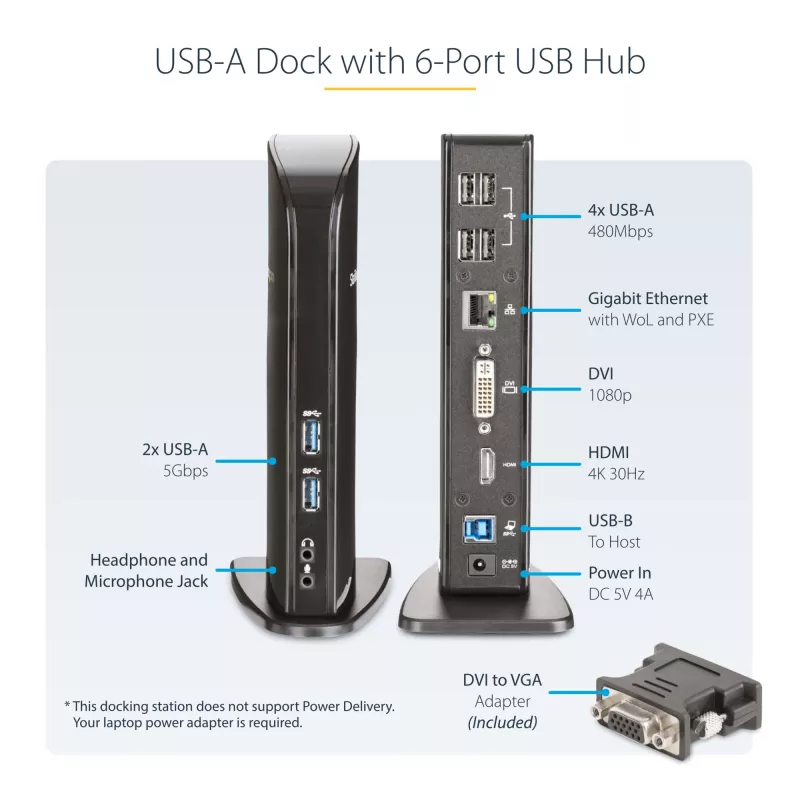 StarTech.com Dual Monitor USB 3.0 Docking Station ar HDMI - DVI - 6 x USB pieslēgvietas~Dual Monitor USB 3.0 klēpjdatoru dokstacija ar HDMI un DVI/VGA, 6x USB-A centrmezgls, GbE, audio, universāla Type-A dokstacija - Windows/macOS/ChromeOS