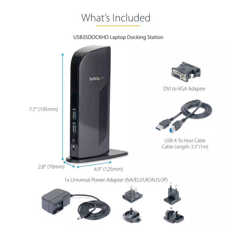 StarTech.com Dual Monitor USB 3.0 Docking Station ar HDMI - DVI - 6 x USB pieslēgvietas~Dual Monitor USB 3.0 klēpjdatoru dokstacija ar HDMI un DVI/VGA, 6x USB-A centrmezgls, GbE, audio, universāla Type-A dokstacija - Windows/macOS/ChromeOS