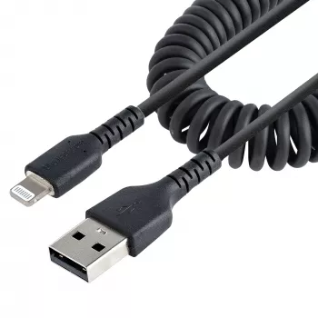StarTech.com 50cm (20in) USB uz Lightning kabelis, MFi sertificēts, spirālveida iPhone uzlādes kabelis, melns, izturīgs TPE apvalks aramīda šķiedra, pastiprināts spirālveida Lightning kabelis