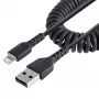 StarTech.com 50cm (20in) USB uz Lightning kabelis, MFi sertificēts, spirālveida iPhone uzlādes kabelis, melns, izturīgs TPE apvalks aramīda šķiedra, pastiprināts spirālveida Lightning kabelis