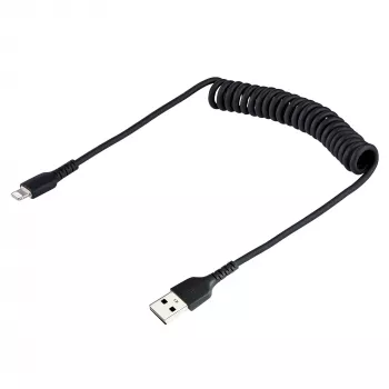 StarTech.com 50cm (20in) USB uz Lightning kabelis, MFi sertificēts, spirālveida iPhone uzlādes kabelis, melns, izturīgs TPE apvalks aramīda šķiedra, pastiprināts spirālveida Lightning kabelis