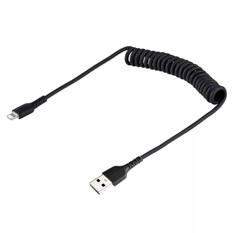 StarTech.com 50cm (20in) USB uz Lightning kabelis, MFi sertificēts, spirālveida iPhone uzlādes kabelis, melns, izturīgs TPE apvalks aramīda šķiedra, pastiprināts spirālveida Lightning kabelis