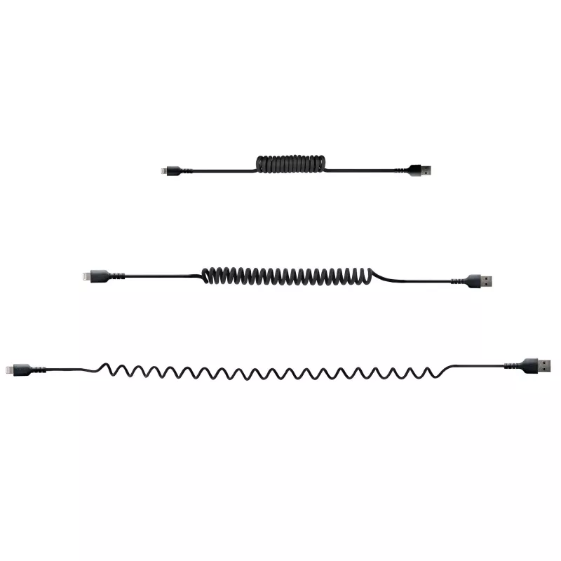 StarTech.com 50cm (20in) USB uz Lightning kabelis, MFi sertificēts, spirālveida iPhone uzlādes kabelis, melns, izturīgs TPE apvalks aramīda šķiedra, pastiprināts spirālveida Lightning kabelis