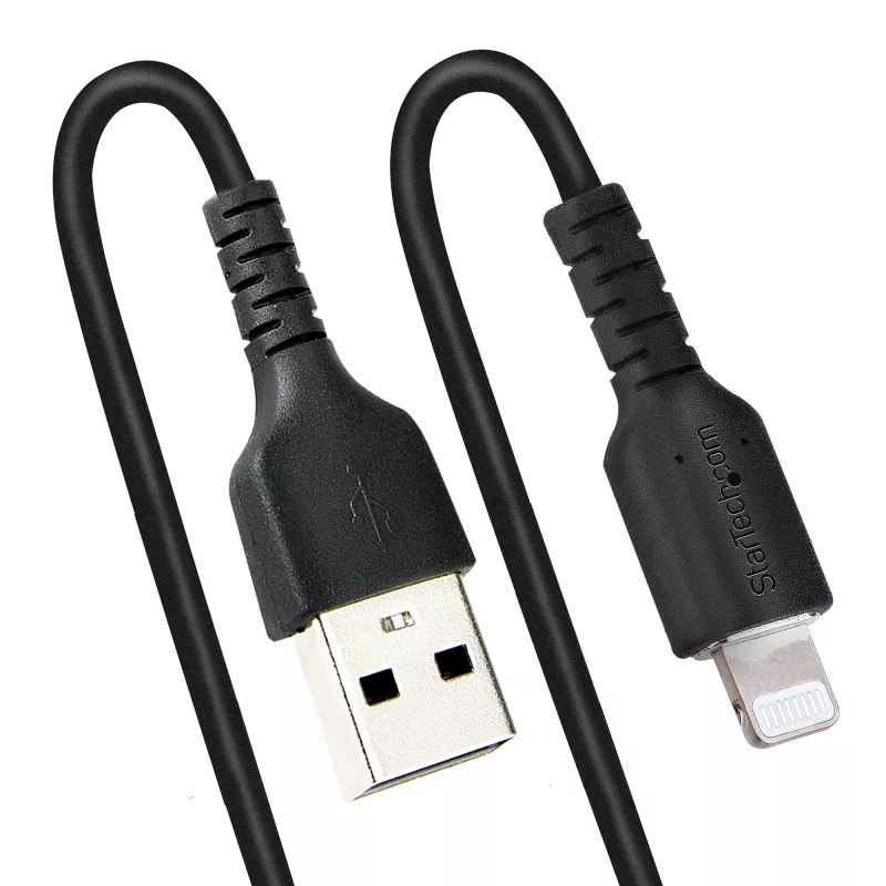 StarTech.com 50cm (20in) USB uz Lightning kabelis, MFi sertificēts, spirālveida iPhone uzlādes kabelis, melns, izturīgs TPE apvalks aramīda šķiedra, pastiprināts spirālveida Lightning kabelis