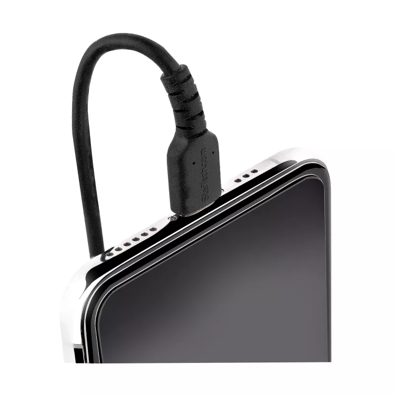 StarTech.com 50cm (20in) USB uz Lightning kabelis, MFi sertificēts, spirālveida iPhone uzlādes kabelis, melns, izturīgs TPE apvalks aramīda šķiedra, pastiprināts spirālveida Lightning kabelis