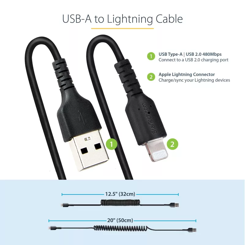 StarTech.com 50cm (20in) USB uz Lightning kabelis, MFi sertificēts, spirālveida iPhone uzlādes kabelis, melns, izturīgs TPE apvalks aramīda šķiedra, pastiprināts spirālveida Lightning kabelis