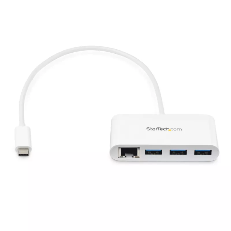 StarTech.com 3 portu USB-C rumbas ar Gigabit Ethernet - USB-C uz 3x USB-A - USB 3.0 rumbas - balta~3 portu USB-C rumbas ar Gigabit Ethernet - USB-C uz 3x USB-A - USB 3.0 rumbas - 5Gbps - balta