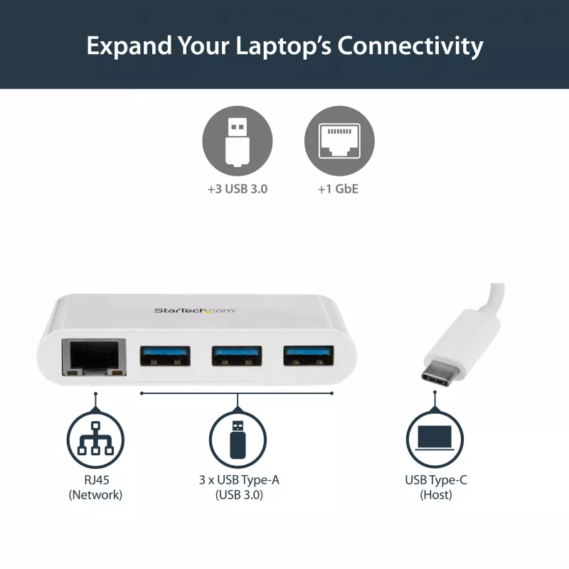 StarTech.com 3 portu USB-C rumbas ar Gigabit Ethernet - USB-C uz 3x USB-A - USB 3.0 rumbas - balta~3 portu USB-C rumbas ar Gigabit Ethernet - USB-C uz 3x USB-A - USB 3.0 rumbas - 5Gbps - balta
