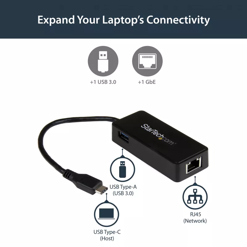 StarTech.com USB-C uz Gigabit tīkla adapteri ar papildu USB 3.0 portu