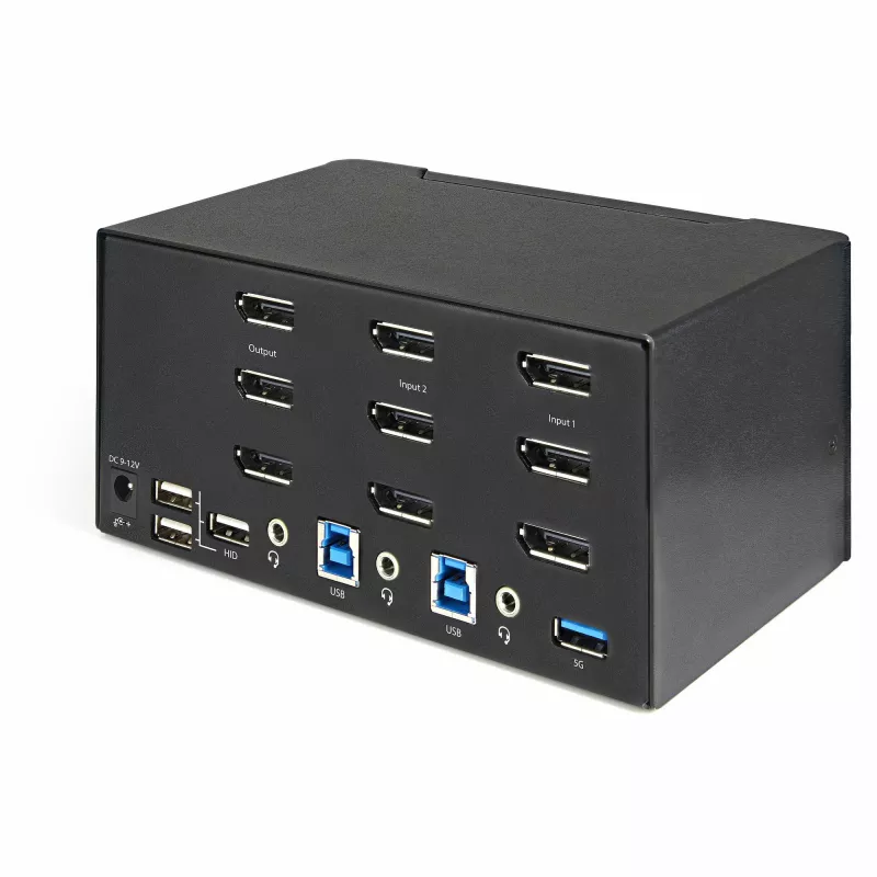 StarTech.com 2 portu trīskāršā monitora DisplayPort KVM slēdzis - 4K 60Hz UHD HDR - galda DP 1.2 KVM ar 2 portu USB 3.0 centrmezglu (5Gbps) un 4x USB 2.0 HID pieslēgvietām, audio - karsto taustiņu pārslēgšana - TAA