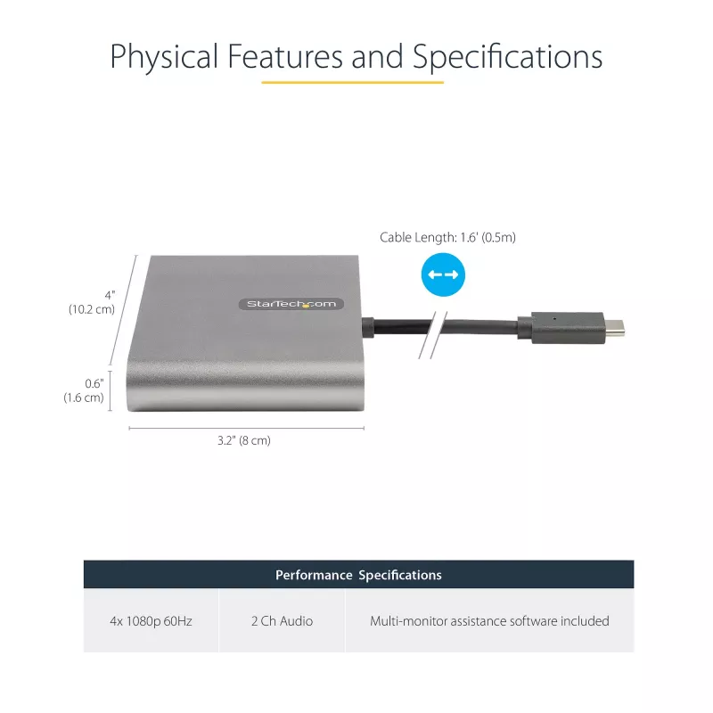 StarTech.com USB C uz četru HDMI adapteru, USB-C uz 4x HDMI monitoru pārveidotājs priekš Windows (nav atbalsta macOS/ChromeOS/Linux) - TAA