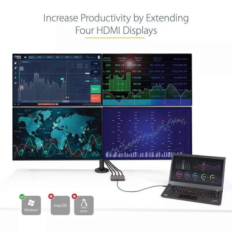 StarTech.com USB C uz četru HDMI adapteru, USB-C uz 4x HDMI monitoru pārveidotājs priekš Windows (nav atbalsta macOS/ChromeOS/Linux) - TAA