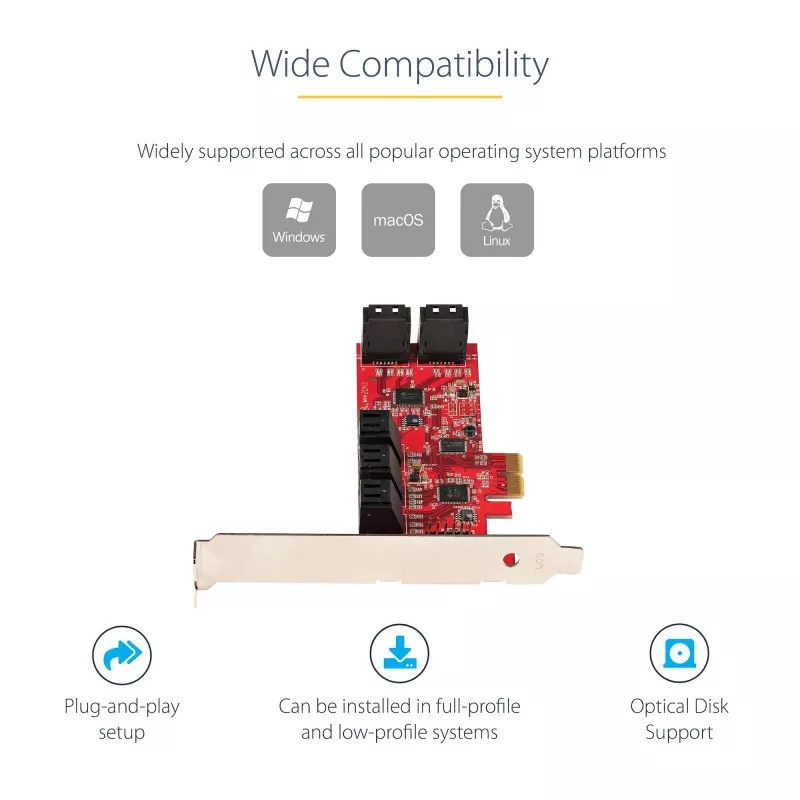 StarTech.com SATA PCIe karte - 10 portu PCIe SATA paplašināšanas karte - 6Gbps - zema/pilna profila - sakrautie SATA savienotāji - ASM1062 Non-Raid - PCI Express uz SATA pārveidotājs/adapteris