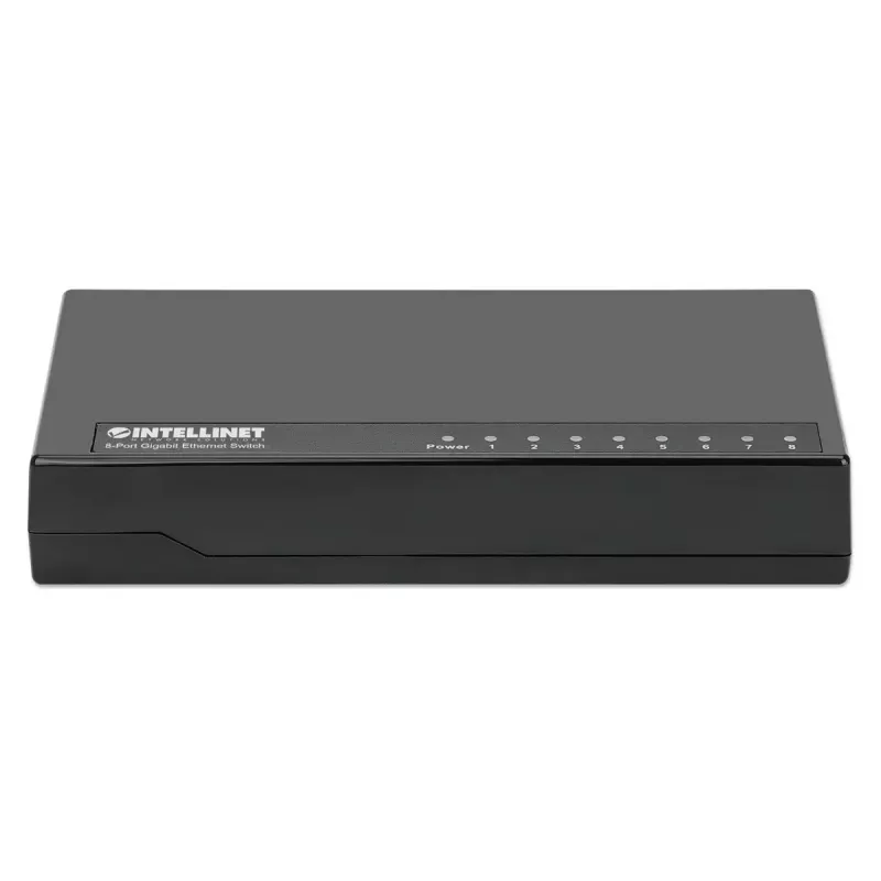 Intellinet 8 portu gigabitu Ethernet komutators, galda izmēra, plastmasas, IEEE 802.3az (energoefektīvs Ethernet), melns