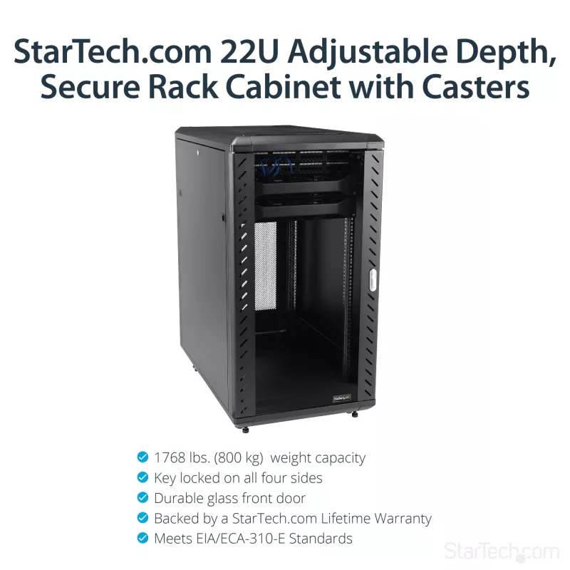 StarTech.com 4 statņu 22U serveru skapis, bloķējams 19 collu datu skapis datoru / AV / IT aprīkojumam, biroja / mājas tīkla skapis ar riteņiem un regulējamām montāžas sliedēm