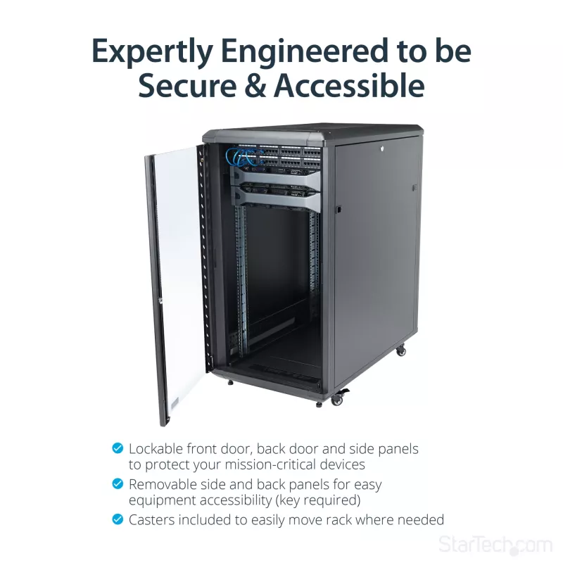 StarTech.com 4 statņu 22U serveru skapis, bloķējams 19 collu datu skapis datoru / AV / IT aprīkojumam, biroja / mājas tīkla skapis ar riteņiem un regulējamām montāžas sliedēm