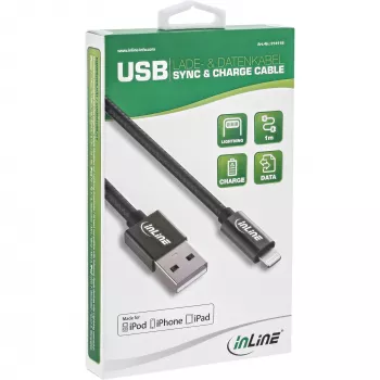InLine Lightning USB kabelis, paredzēts iPad, iPhone, iPod, melns/alumīnijs, 1 m, MFi sertificēts