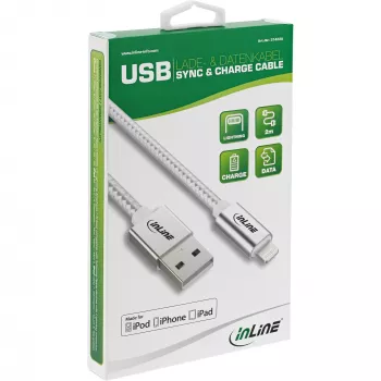 InLine Lightning USB kabelis, iPad, iPhone, iPod, sudraba/alumīnija 2m MFi sertificēts