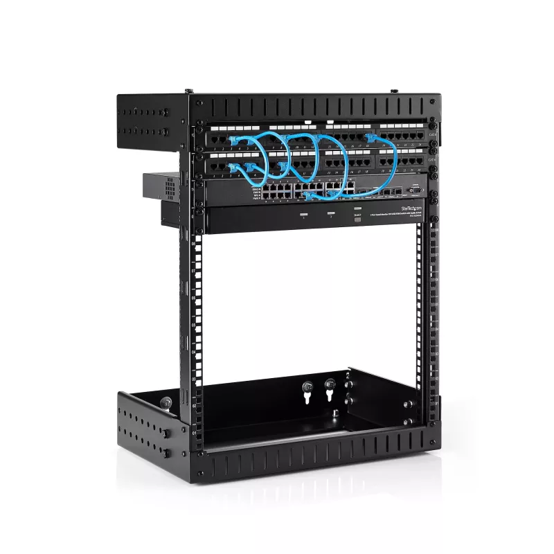 StarTech.com 12U 19 collu sienas stiprinājuma tīkla statīvs - regulējams dziļums 12-20 collu, 2 stabu atvērta rāmja serveru telpas statīvs AV/datu/IT sakaru/datoru aprīkojumam/slēdžiem ar būrīša uzgriežņiem un skrūvēm