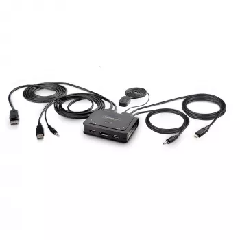 StarTech.com 2 portu hibrīda USB-C DisplayPort kabeļa KVM slēdzis, 4K 60Hz, kompakts KVM ar 6 pēdu/1,8 m USB-A/DisplayPort/audio un 4 pēdu/1,2 m USB-C integrētiem resursdatora kabeļiem, ar kopnes barošanu - tālvadības spiedpoga/karsto taustiņu pārslēgšana