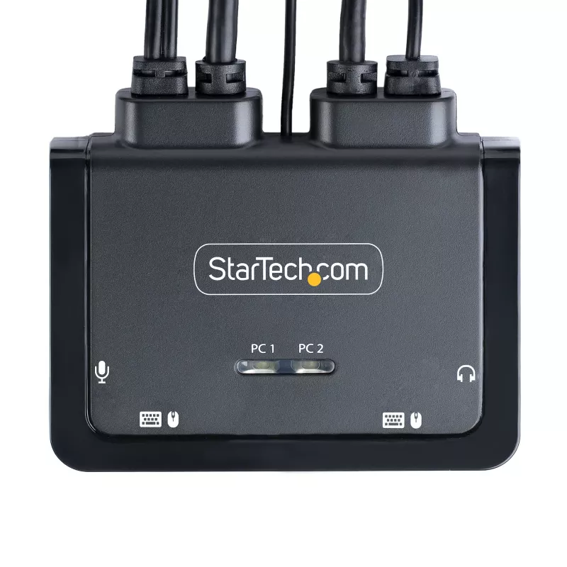 StarTech.com 2 portu hibrīda USB-C DisplayPort kabeļa KVM slēdzis, 4K 60Hz, kompakts KVM ar 6 pēdu/1,8 m USB-A/DisplayPort/audio un 4 pēdu/1,2 m USB-C integrētiem resursdatora kabeļiem, ar kopnes barošanu - tālvadības spiedpoga/karsto taustiņu pārslēgšana
