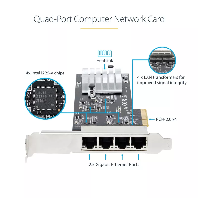 StarTech.com 4 portu 2,5 Gbps NBASE-T PCIe tīkla karte, Intel I225-V, četru portu datora tīkla karte, vairāku gigabitu NIC, PCI Express servera LAN karte, galddatora Ethernet saskarne