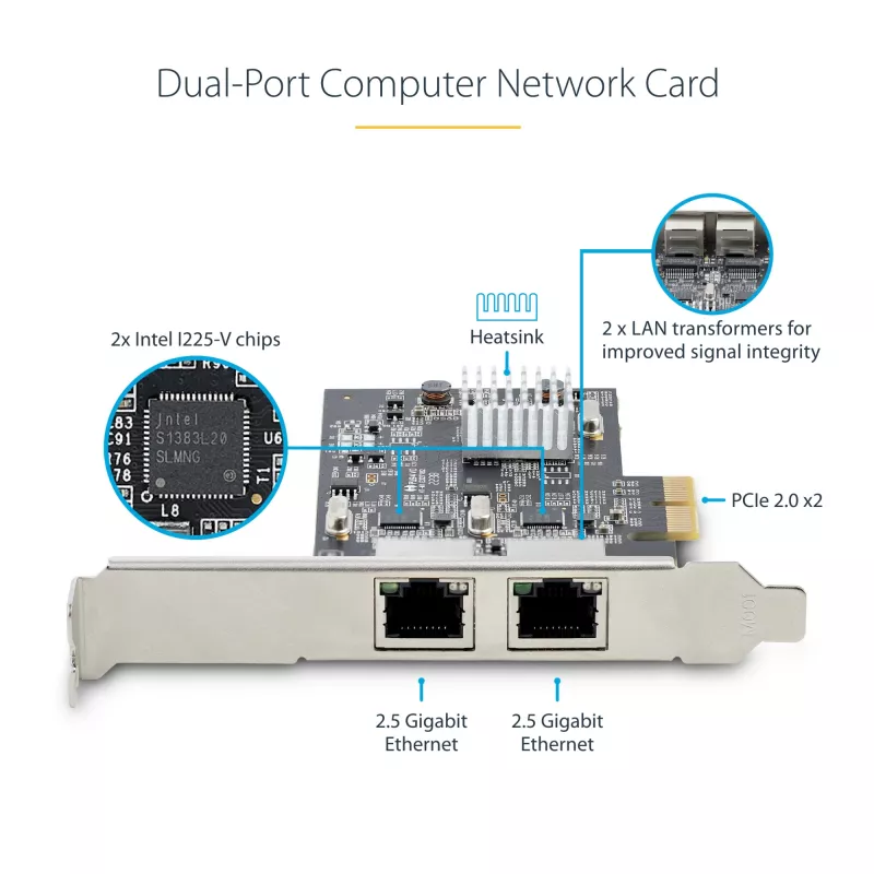 StarTech.com 2 portu 2,5 Gbps NBASE-T PCIe tīkla karte, Intel I225-V, divu portu datora tīkla karte, Multi-Gigabit NIC, PCI Express servera LAN karte, galddatora Ethernet saskarne