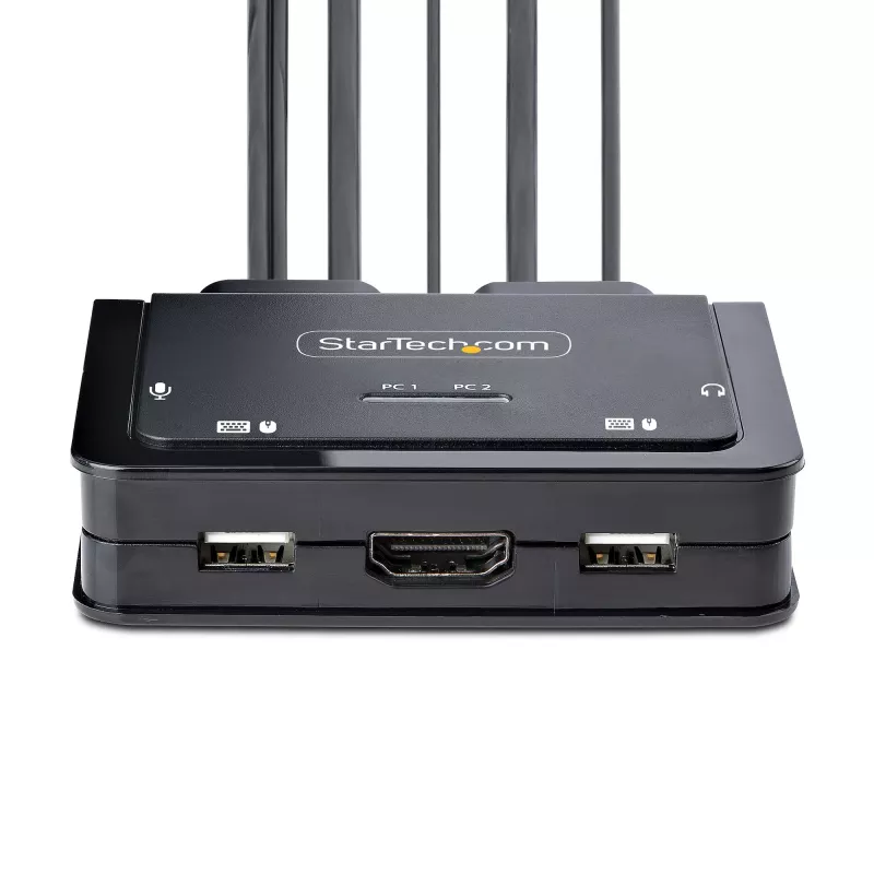 StarTech.com 2 portu hibrīda USB-C HDMI kabeļa KVM slēdzis, 4K 60Hz, kompakts KVM ar 1,8 m USB-A/HDMI/audio un 1,2 m USB-C integrētiem resursdatora kabeļiem, barošana no kopnes - tālvadības poga/karsto taustiņu pārslēgšana