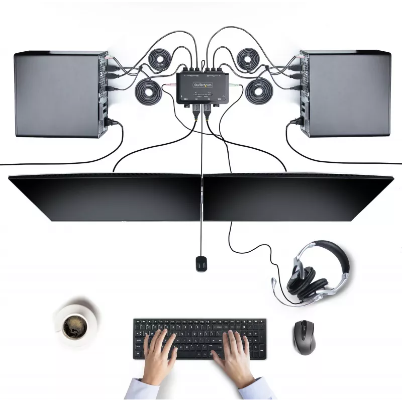 StarTech.com 2 portu divu monitoru HDMI kabeļa KVM slēdzis, 4K 60Hz, kompakts KVM ar 5 pēdu/1,5 m USB-A/HDMI/audio integrētiem kabeļiem, barošana no kopnes – tālvadības spiedpoga/karsto taustiņu pārslēgšana