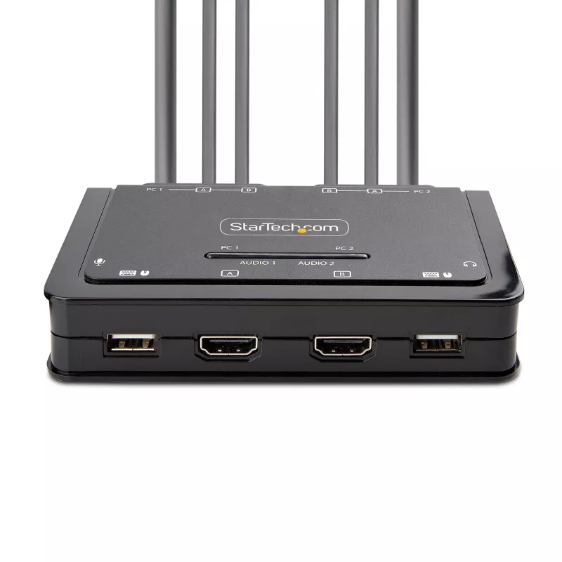 StarTech.com 2 portu divu monitoru HDMI kabeļa KVM slēdzis, 4K 60Hz, kompakts KVM ar 5 pēdu/1,5 m USB-A/HDMI/audio integrētiem kabeļiem, barošana no kopnes – tālvadības spiedpoga/karsto taustiņu pārslēgšana