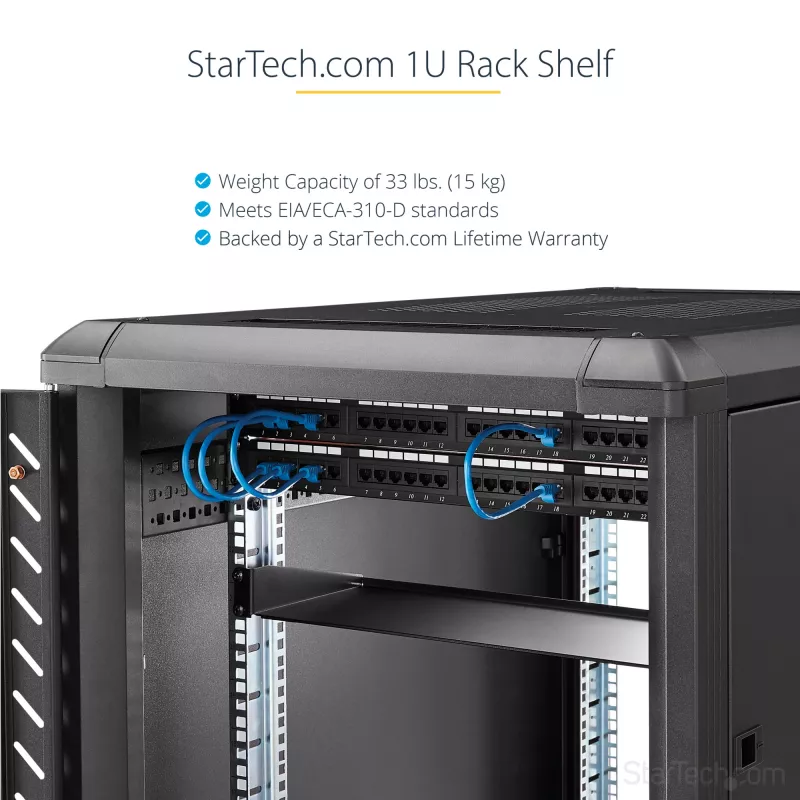 StarTech.com 1U servera plauktu plaukts, universāla plaukta stiprinājuma konsoles paplāte 19 collu tīkla iekārtu plauktam/skapim, lieljaudas tērauds, svara ietilpība 33 mārciņas/15 kg, 7 collas (18 cm) dziļa