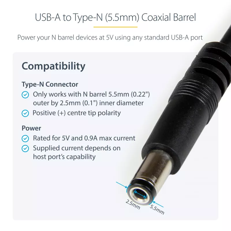 StarTech.com USB uz 5,5 mm barošanas kabelis - tips N cilindriskais savienotājs - 1m, 1 m, USB A, Barrel type N