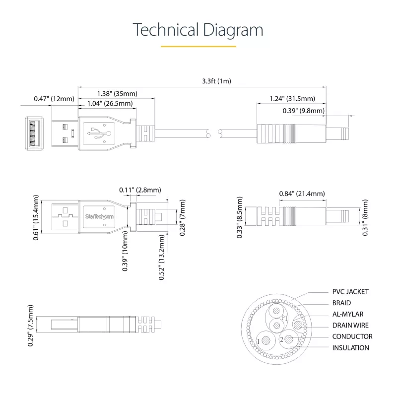StarTech.com USB uz 5,5 mm barošanas kabelis - tips N cilindriskais savienotājs - 1m, 1 m, USB A, Barrel type N