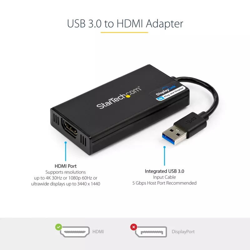 StarTech.com USB 3.0 uz HDMI adapteris - 4K 30Hz Ultra HD - DisplayLink sertificēts - USB Type-A uz HDMI displeja adaptera pārveidotājs monitoram - ārējā video un grafikas karte - Mac un Windows