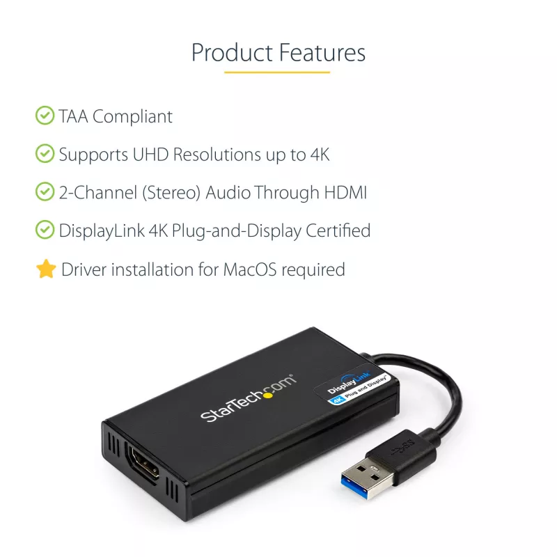 StarTech.com USB 3.0 uz HDMI adapteris - 4K 30Hz Ultra HD - DisplayLink sertificēts - USB Type-A uz HDMI displeja adaptera pārveidotājs monitoram - ārējā video un grafikas karte - Mac un Windows