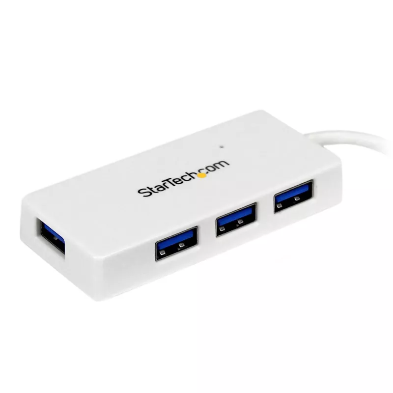 StarTech.com Pārnēsājams 4 portu SuperSpeed Mini USB 3.0 centrmezgls - balts ~ Pārnēsājams 4 portu SuperSpeed Mini USB 3.0 centrmezgls - 5 Gbps - balts