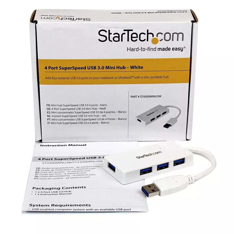 StarTech.com Pārnēsājams 4 portu SuperSpeed Mini USB 3.0 centrmezgls - balts ~ Pārnēsājams 4 portu SuperSpeed Mini USB 3.0 centrmezgls - 5 Gbps - balts
