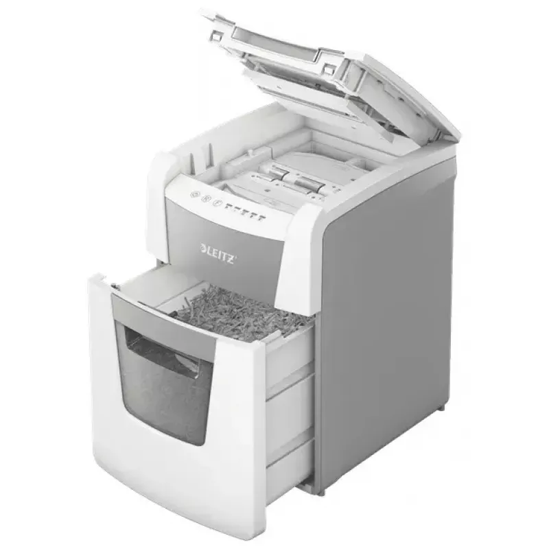 Papīra smalcinātājs LEITZ IQ Autofeed Small Office 100, šķērsgriezuma P-4, 8 lapas, 22 cm padeve, 34 L tvertne, pelēks