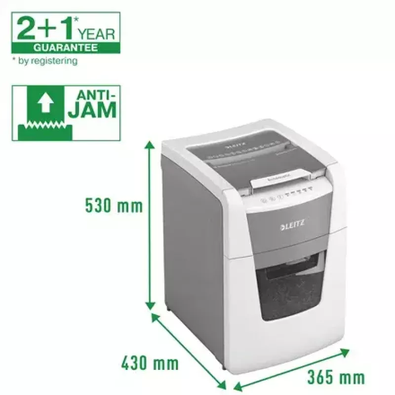 Papīra smalcinātājs LEITZ IQ Autofeed Small Office 100, šķērsgriezuma P-4, 8 lapas, 22 cm padeve, 34 L tvertne, pelēks