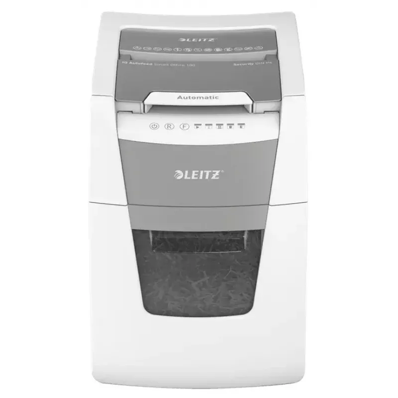 Papīra smalcinātājs LEITZ IQ Autofeed Small Office 100, šķērsgriezuma P-4, 8 lapas, 22 cm padeve, 34 L tvertne, pelēks