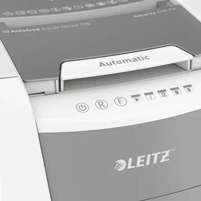 Papīra smalcinātājs LEITZ IQ Autofeed Small Office 100, šķērsgriezuma P-4, 8 lapas, 22 cm padeve, 34 L tvertne, pelēks